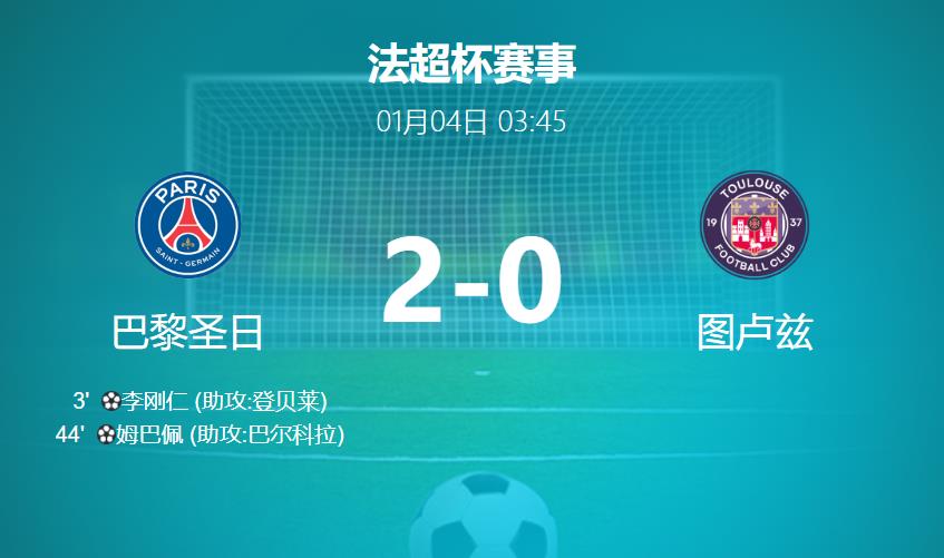 法国超级杯：巴黎圣日耳曼2-0完胜图卢兹，登贝莱、姆巴佩破门