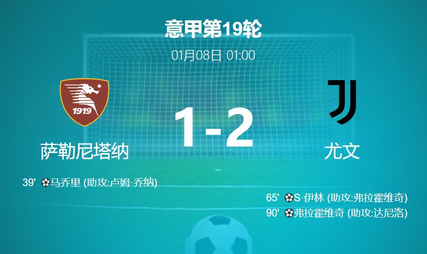 战报：尤文图斯客场2-1逆转萨勒尼塔纳，惊险夺取意甲联赛关键胜利