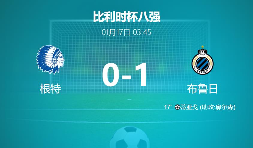 布鲁日1-0险胜根特，挺进比利时杯半决赛