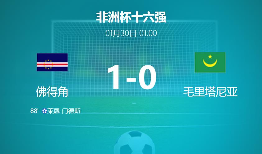 【非洲杯】佛得角vs毛里塔尼亚比分结果1-0 全场数据:控球率70 - 30