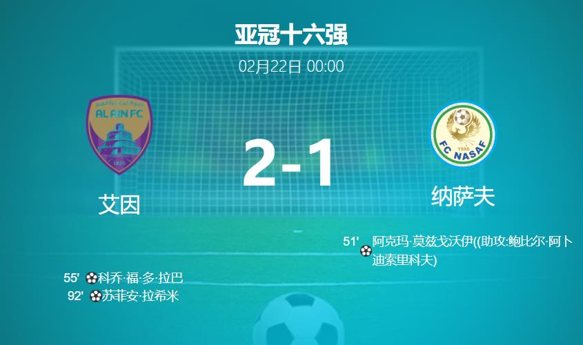 亚冠战报：艾因补时绝杀2-1纳萨夫，惊险挺进八强