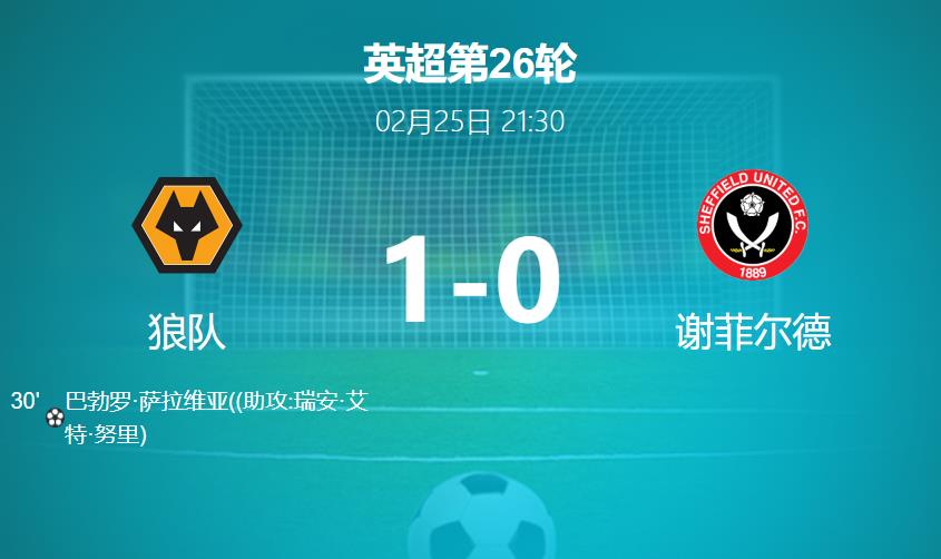 英超战报：狼队1-0险胜谢菲联，萨拉维亚头球定胜局