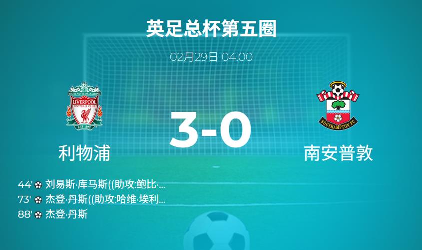 【英足总杯战报】利物浦强势晋级！库马斯、丹斯建功，3-0完胜南安普顿挺进8强