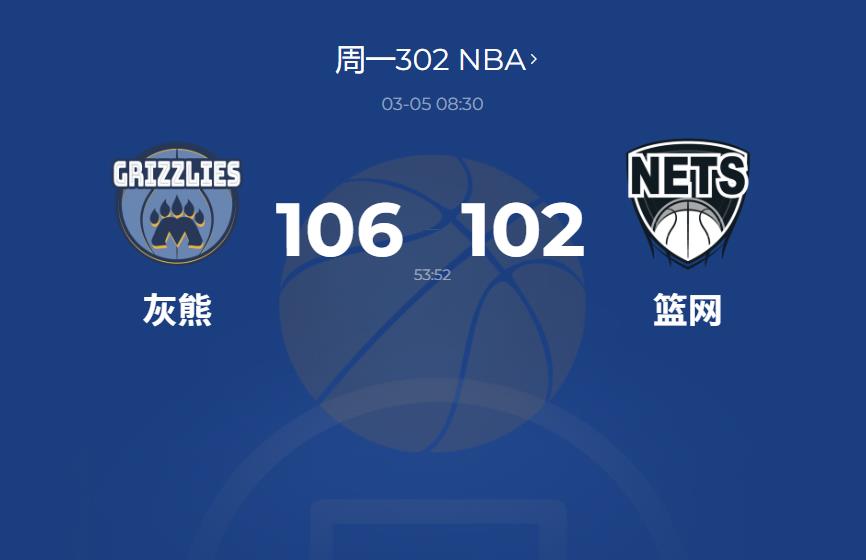 NBA：拉锯战至最后一刻！灰熊依靠罚球险胜篮网 终结五连败