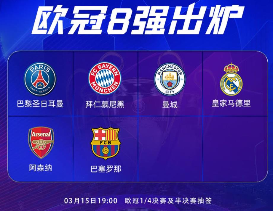 欧冠8强出炉6席！巴黎、拜仁、曼城、皇马、阿森纳、巴萨晋级