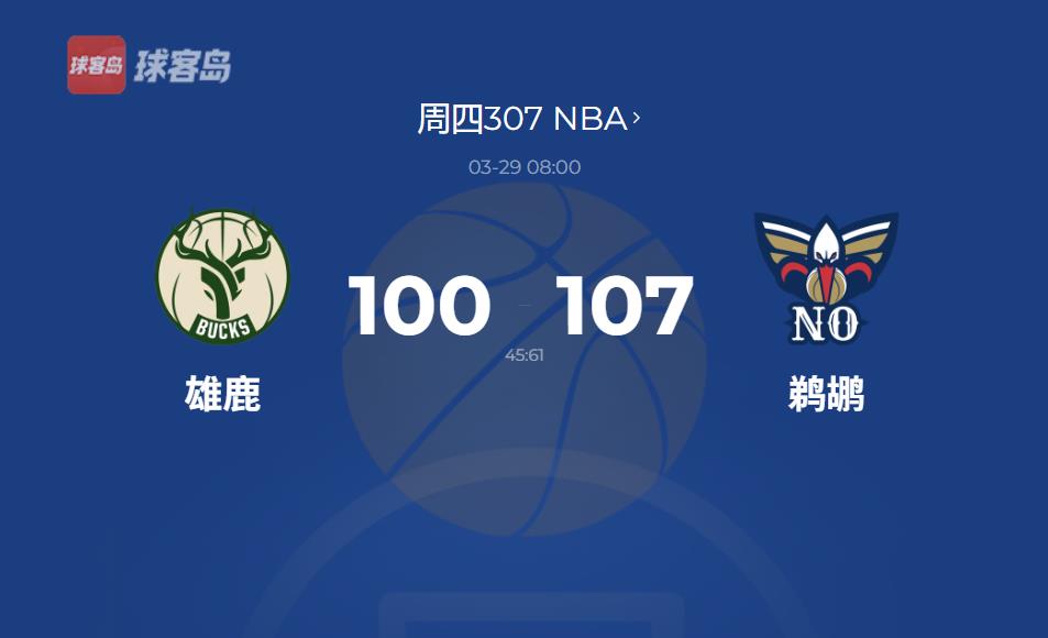 NBA战报：字母哥单节20分难救主，鹈鹕107-100胜雄鹿逼近快船