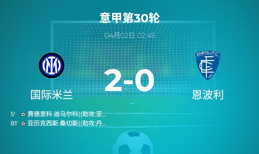 意甲战报：国米凭借迪马尔科、桑切斯进球，2-0完胜恩波利