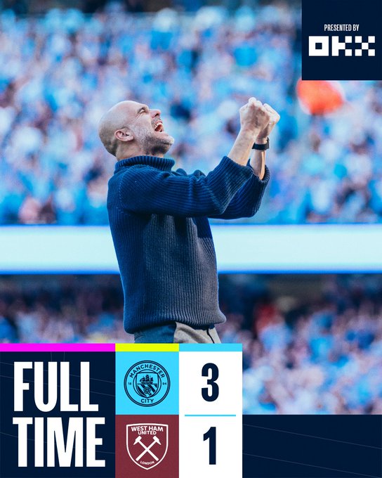 曼城3-1西汉姆 英超三连冠霸业达成